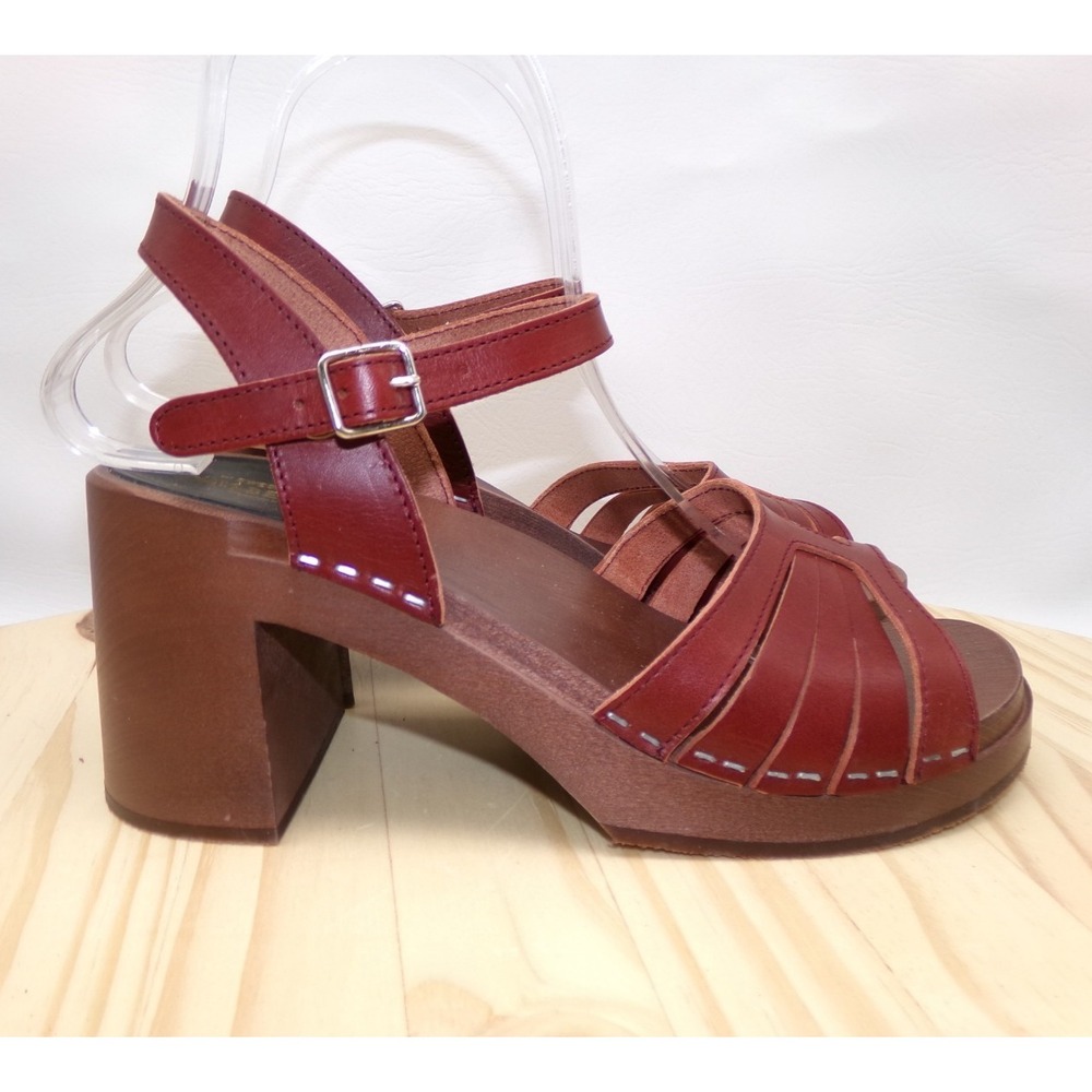 Swedish Hasbeens Strap Sandals Womens Bordeaux Size 39 Block Heel Strappy - Picture 5 of 10